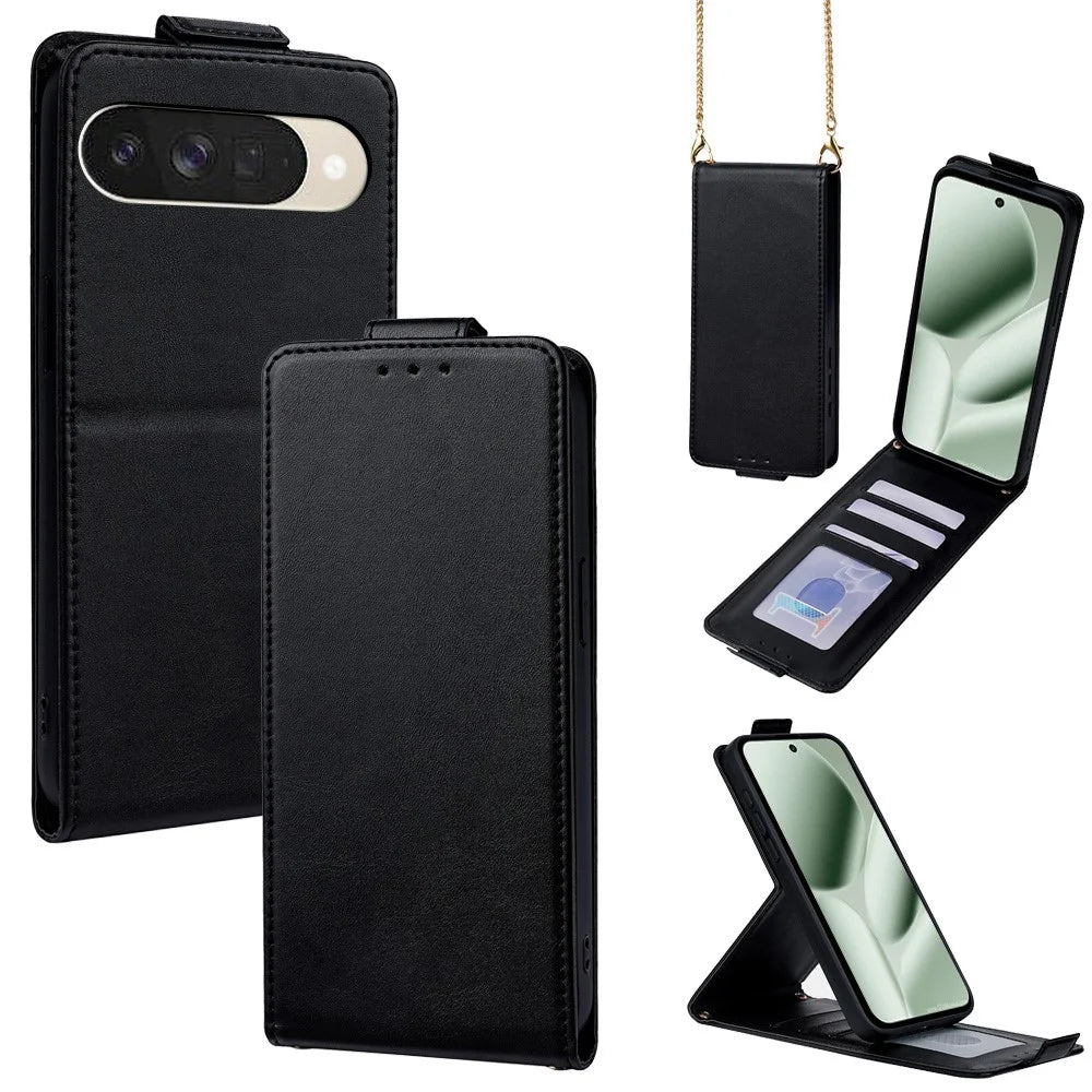 For Google Pixel 10 Case Card Holder Vertical Flip Leather Phone Cover with Crossbody Shoulder Strap - Black - 1