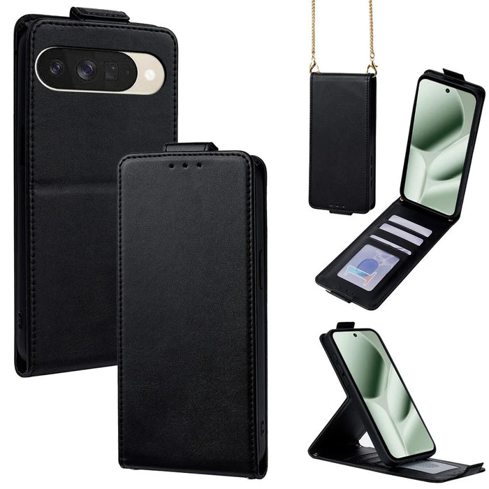 For Google Pixel 10 Case Card Holder Vertical Flip Leather Phone Cover with Crossbody Shoulder Strap - Black - 1