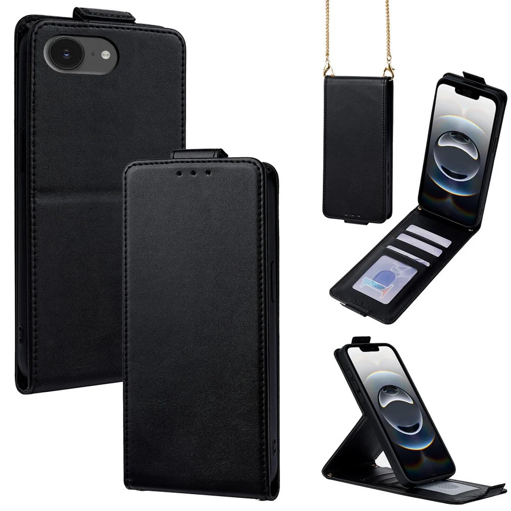 For iPhone 17e / 16e Case Card Holder Vertical Flip Leather Phone Cover with Crossbody Shoulder Strap - Black - 1