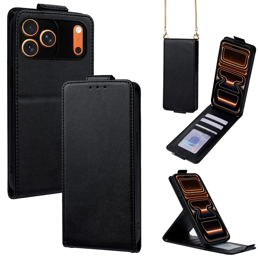For iPhone 17 Pro Max Case Card Holder Vertical Flip Leather Phone Cover with Crossbody Shoulder Strap - Black - 1