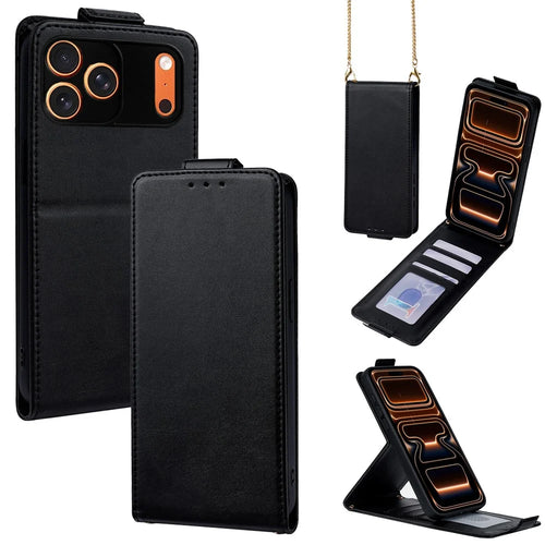 For iPhone 17 Pro Max Case Card Holder Vertical Flip Leather Phone Cover with Crossbody Shoulder Strap - Black - 1