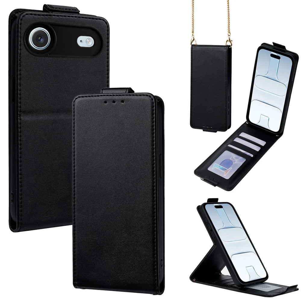 For iPhone Air Case Card Holder Vertical Flip Leather Phone Cover with Crossbody Shoulder Strap - Black - 1