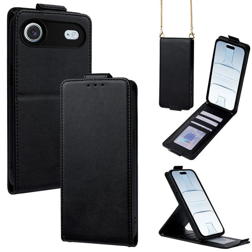 For iPhone Air Case Card Holder Vertical Flip Leather Phone Cover with Crossbody Shoulder Strap - Black - 1