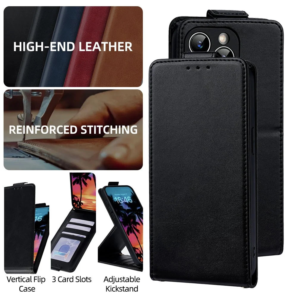 For iPhone 17 Case Card Holder Vertical Flip Leather Phone Cover with Crossbody Shoulder Strap - Black - 2