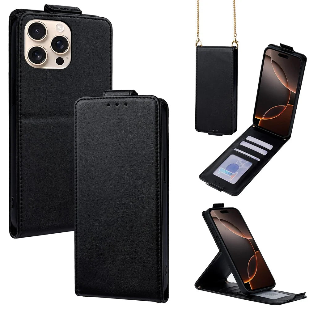 For iPhone 16 Pro Case Card Holder Vertical Flip Leather Phone Cover with Crossbody Shoulder Strap - Black - 1
