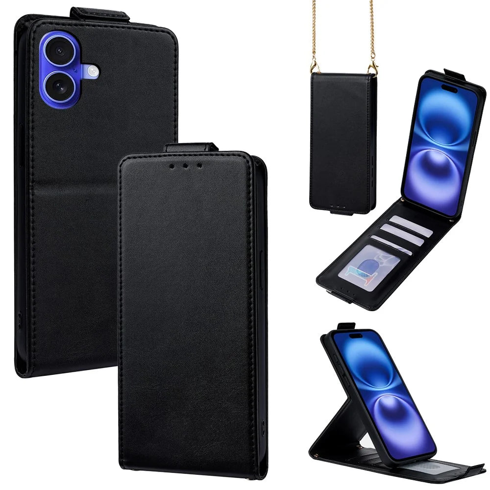 For iPhone 16 Case Card Holder Vertical Flip Leather Phone Cover with Crossbody Shoulder Strap - Black - 1