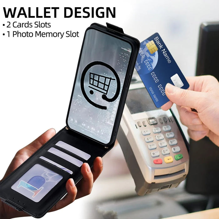 For iPhone 16 Case Card Holder Vertical Flip Leather Phone Cover with Crossbody Shoulder Strap - Black - 2