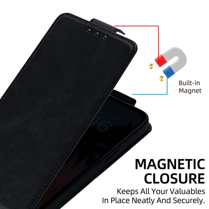 For iPhone 16 Case Card Holder Vertical Flip Leather Phone Cover with Crossbody Shoulder Strap - Black - 5
