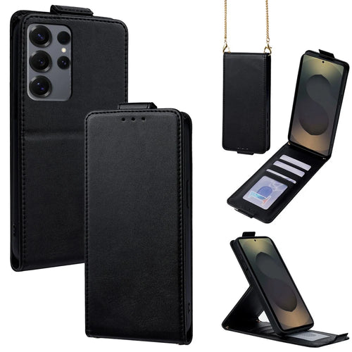 For Samsung Galaxy S25 Ultra Case Card Holder Vertical Flip Leather Phone Cover with Crossbody Shoulder Strap - Black - 1