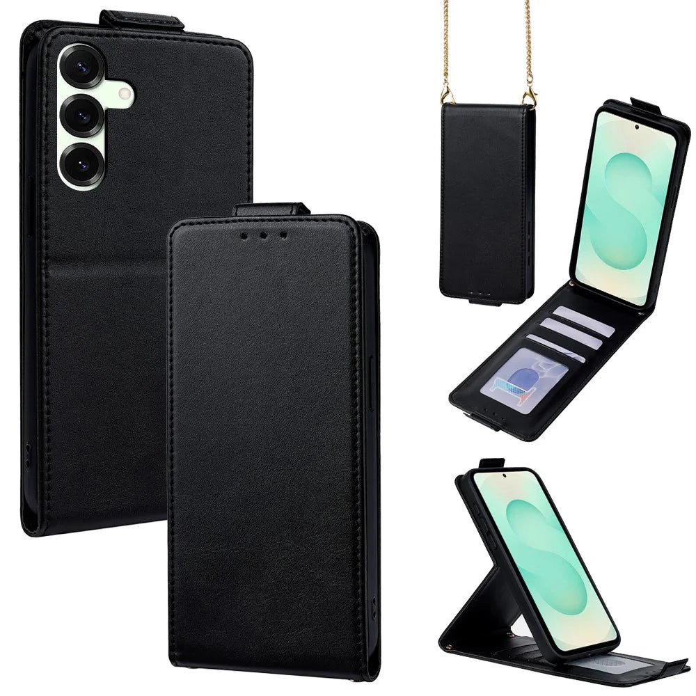 For Samsung Galaxy S25+ Case Card Holder Vertical Flip Leather Phone Cover with Crossbody Shoulder Strap - Black - 1