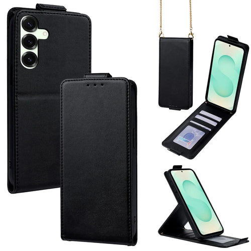 For Samsung Galaxy S25+ Case Card Holder Vertical Flip Leather Phone Cover with Crossbody Shoulder Strap - Black - 1