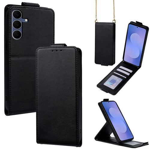 For Samsung Galaxy S25 FE Case Card Holder Vertical Flip Leather Phone Cover with Crossbody Shoulder Strap - Black - 1