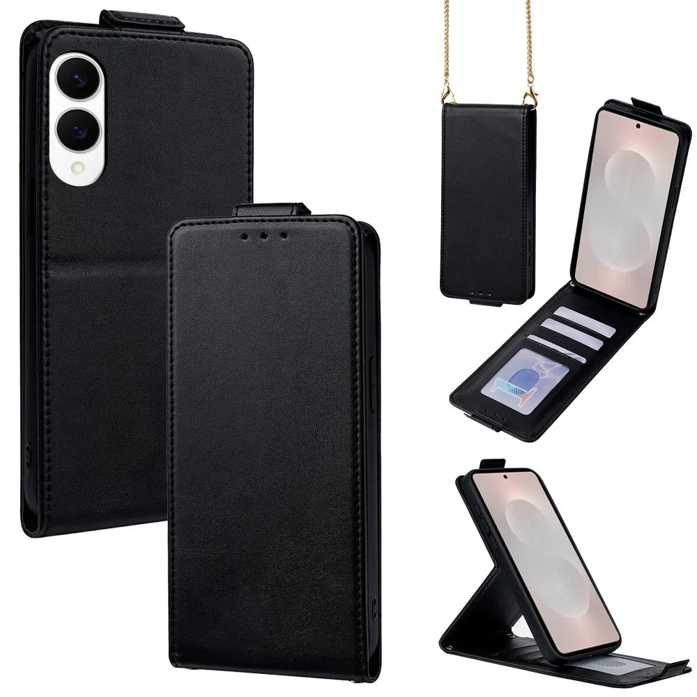 For Samsung Galaxy S25 Edge Case Card Holder Vertical Flip Leather Phone Cover with Crossbody Shoulder Strap - Black - 1