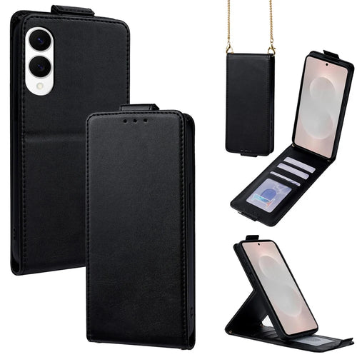 For Samsung Galaxy S25 Edge Case Card Holder Vertical Flip Leather Phone Cover with Crossbody Shoulder Strap - Black - 1