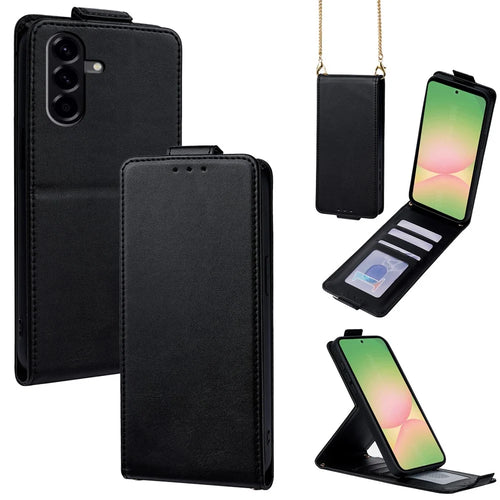 For Samsung Galaxy A56 5G Case Card Holder Vertical Flip Leather Phone Cover with Crossbody Shoulder Strap - Black - 1
