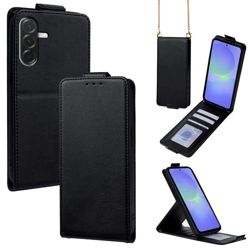 For Samsung Galaxy A36 5G Case Card Holder Vertical Flip Leather Phone Cover with Crossbody Shoulder Strap - Black - 1