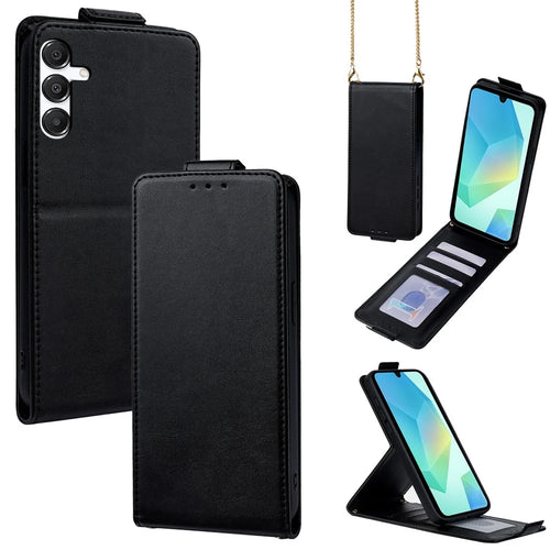 For Samsung Galaxy A16 5G / A16 4G Case Card Holder Vertical Flip Leather Phone Cover with Crossbody Shoulder Strap - Black - 1