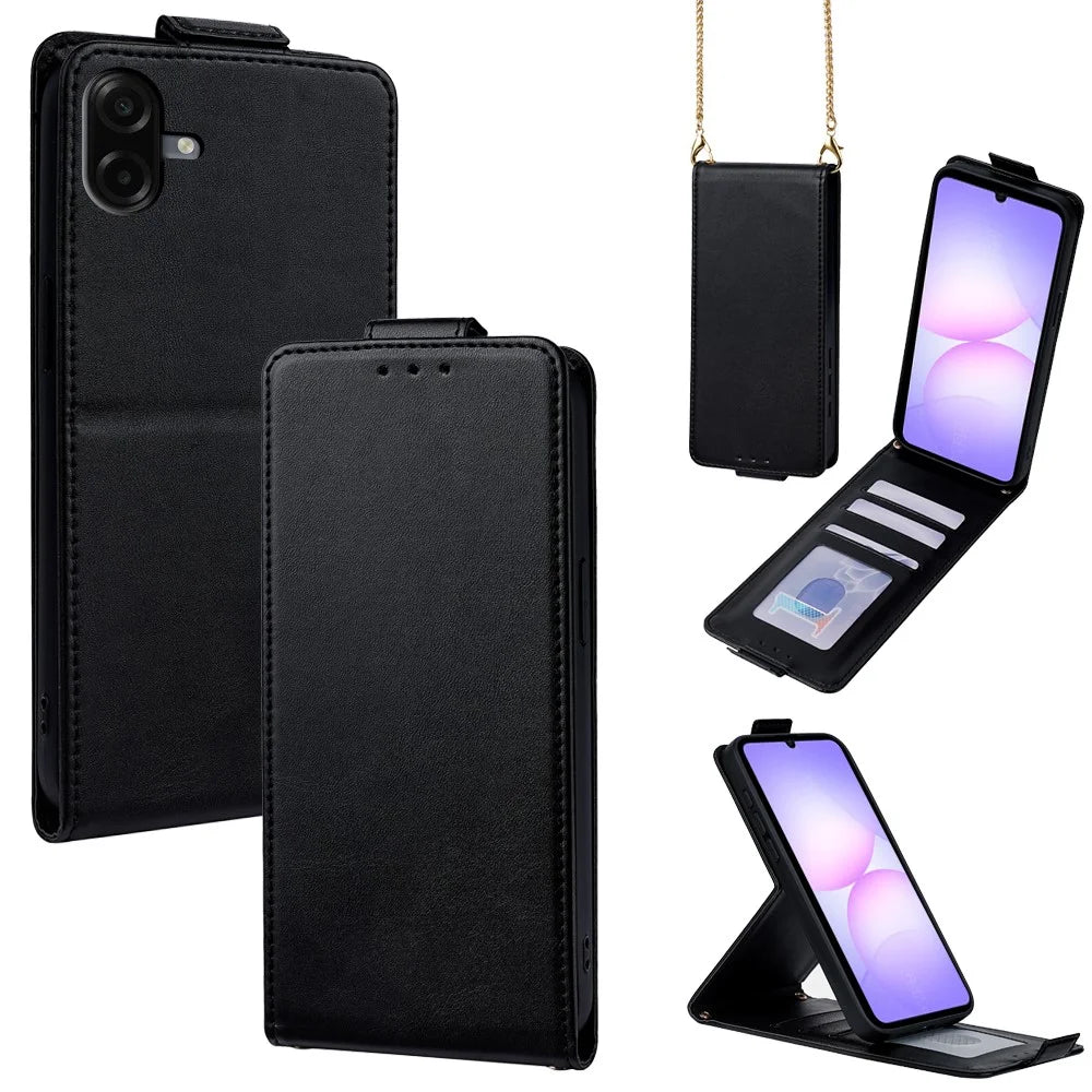 For Samsung Galaxy A08 5G / A08 4G / A07 4G Case Card Holder Vertical Flip Leather Phone Cover with Crossbody Shoulder Strap - Black - 1