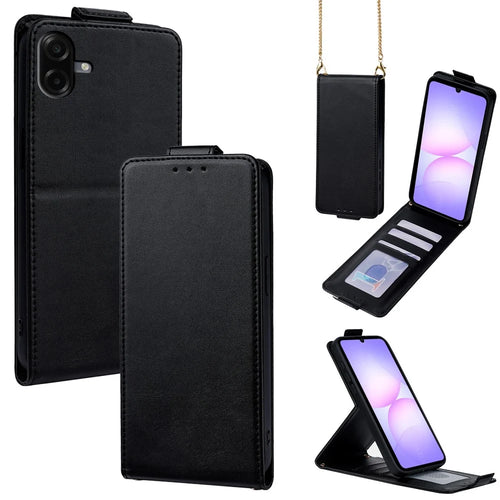 For Samsung Galaxy A08 5G / A08 4G / A07 4G Case Card Holder Vertical Flip Leather Phone Cover with Crossbody Shoulder Strap - Black - 1