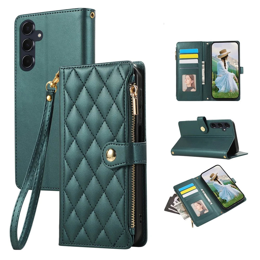 For Samsung Galaxy A37 5G Case Multi Card Slots Zipper Rhombus Leather Phone Cover with Wrist Strap - Green - 1