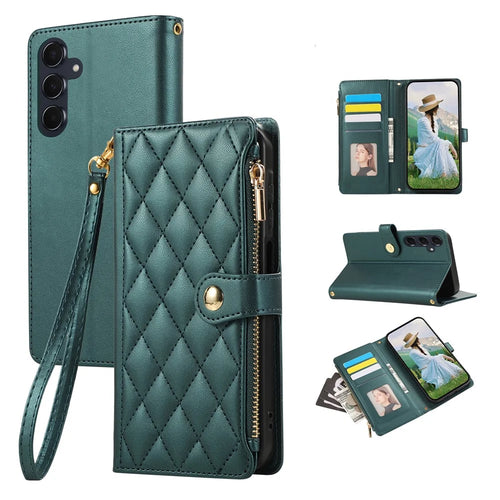 For Samsung Galaxy A37 5G Case Multi Card Slots Zipper Rhombus Leather Phone Cover with Wrist Strap - Green - 1
