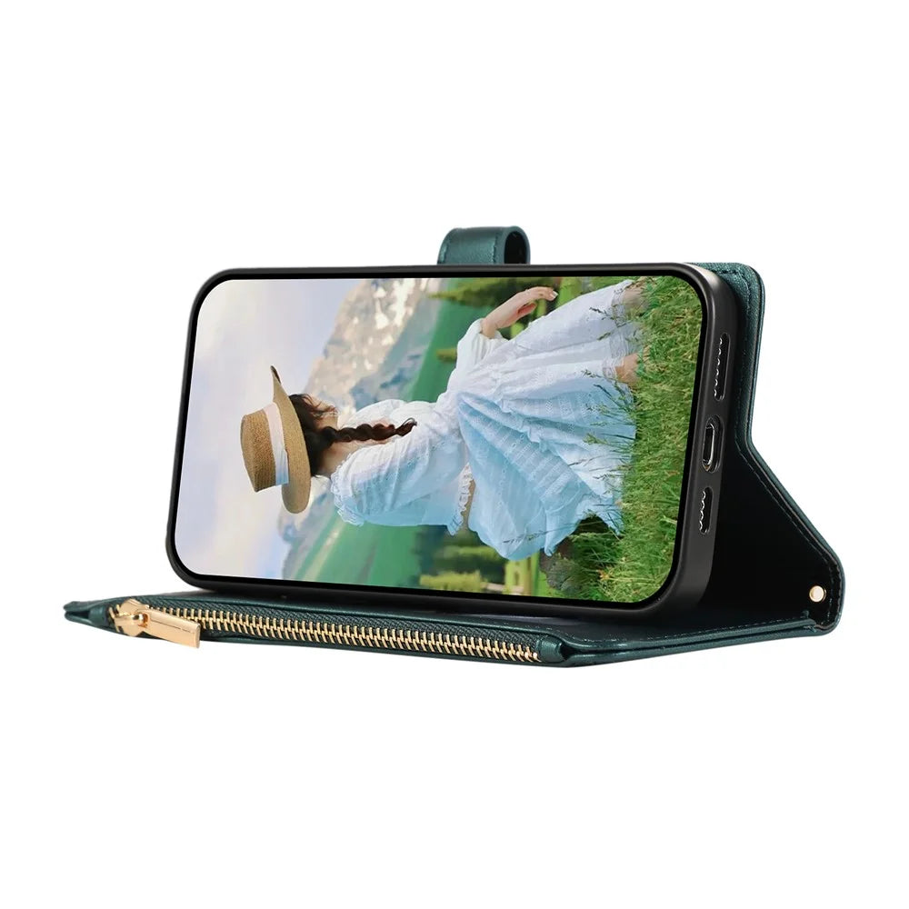 For Samsung Galaxy A37 5G Case Multi Card Slots Zipper Rhombus Leather Phone Cover with Wrist Strap - Green - 2