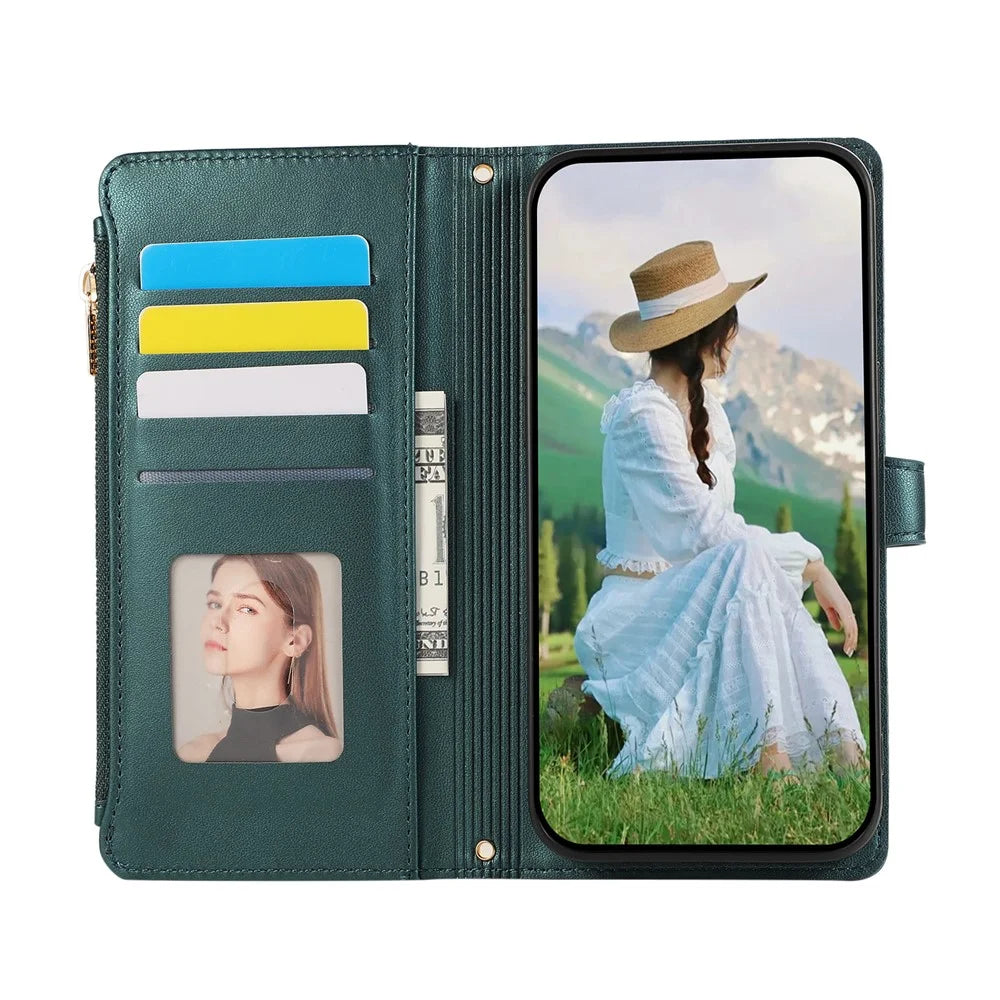 For Samsung Galaxy A37 5G Case Multi Card Slots Zipper Rhombus Leather Phone Cover with Wrist Strap - Green - 3