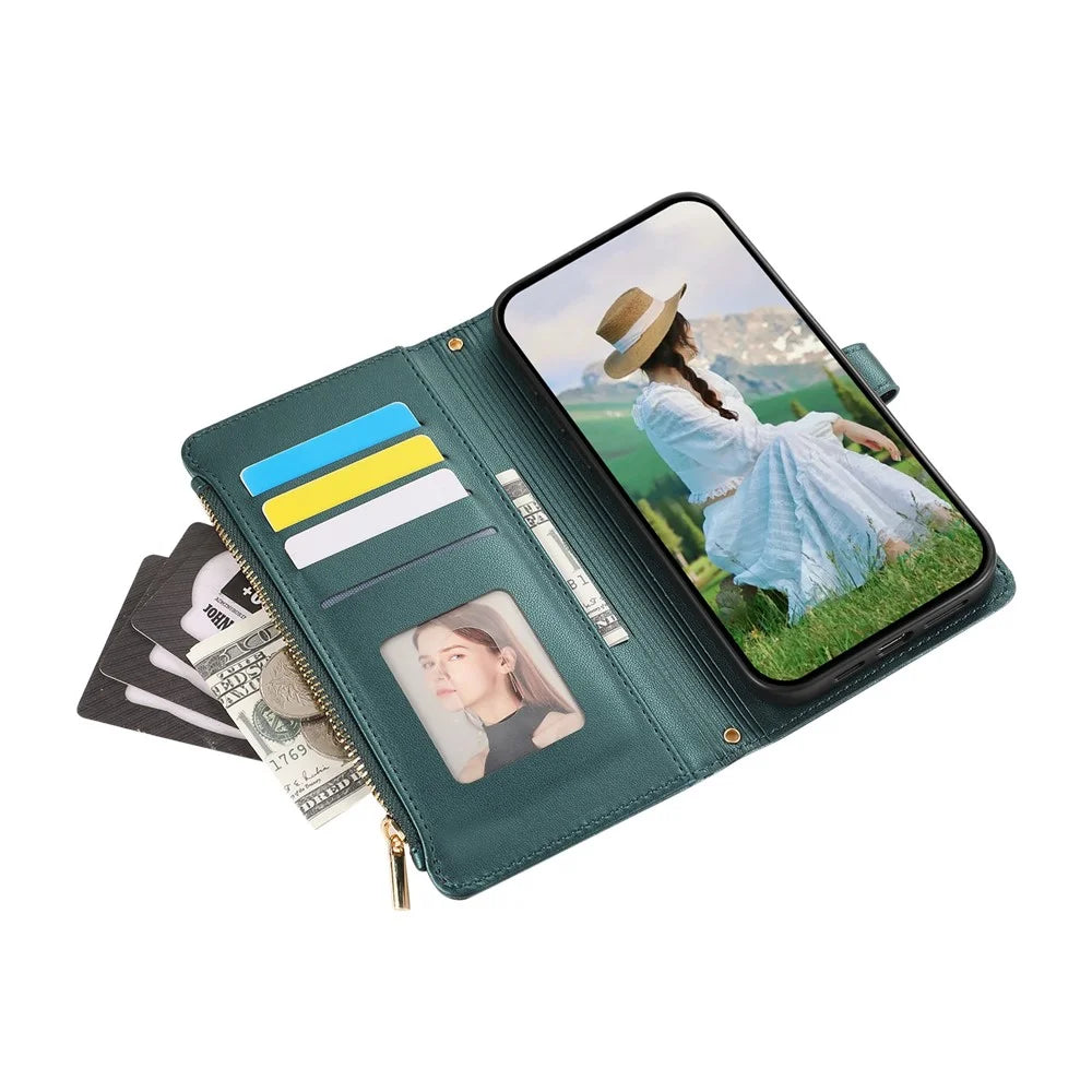 For Samsung Galaxy A37 5G Case Multi Card Slots Zipper Rhombus Leather Phone Cover with Wrist Strap - Green - 4