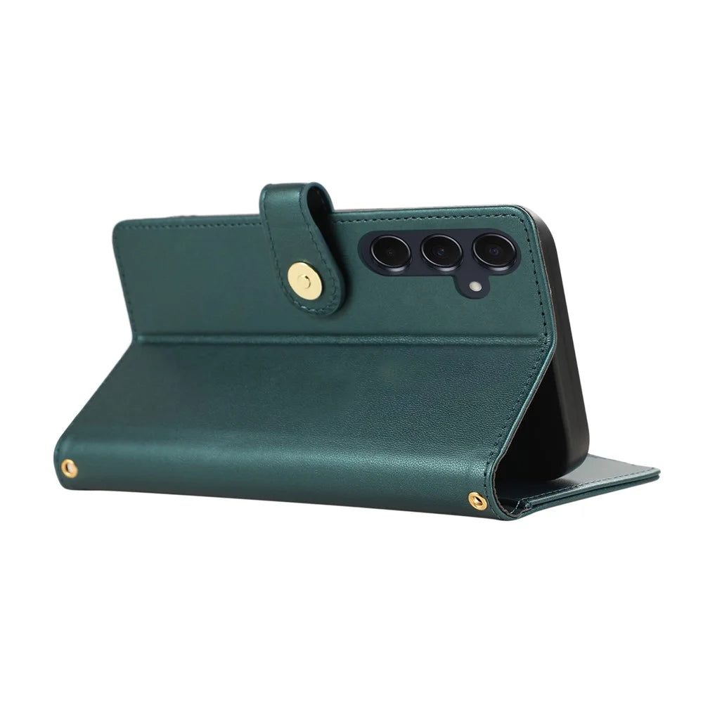 For Samsung Galaxy A37 5G Case Multi Card Slots Zipper Rhombus Leather Phone Cover with Wrist Strap - Green - 5