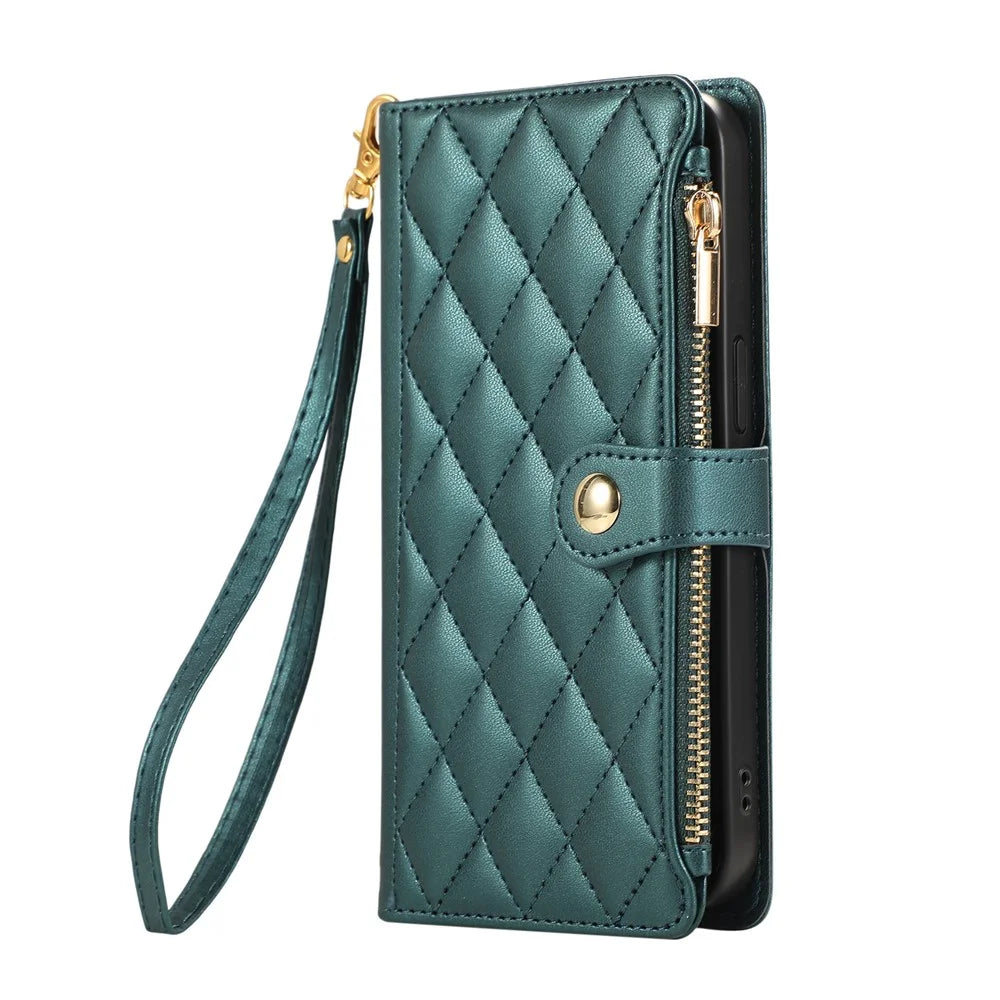 For Samsung Galaxy A37 5G Case Multi Card Slots Zipper Rhombus Leather Phone Cover with Wrist Strap - Green - 6