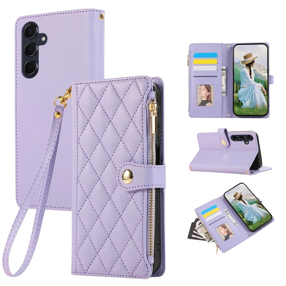 For Samsung Galaxy A57 5G Case Multi Card Slots Zipper Rhombus Leather Phone Cover with Wrist Strap - Purple - 1
