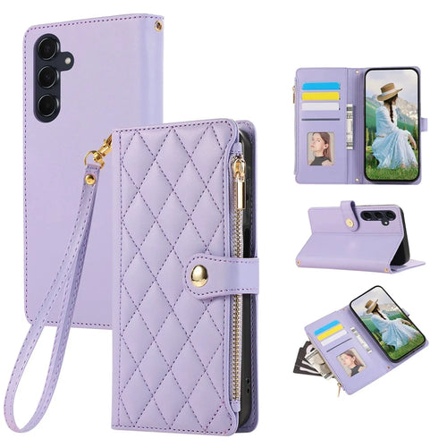 For Samsung Galaxy A57 5G Case Multi Card Slots Zipper Rhombus Leather Phone Cover with Wrist Strap - Purple - 1