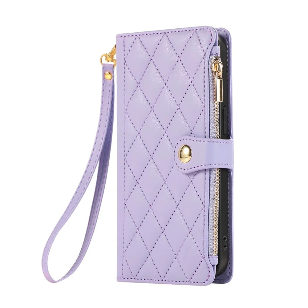 For Samsung Galaxy A57 5G Case Multi Card Slots Zipper Rhombus Leather Phone Cover with Wrist Strap - Purple - 6