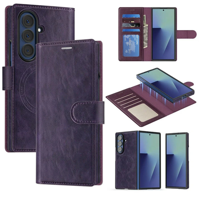 For Samsung Galaxy Z Fold7 5G Magnetic Leather Case RFID Blocking Wallet Detachable Phone Cover - Dark Purple - 1