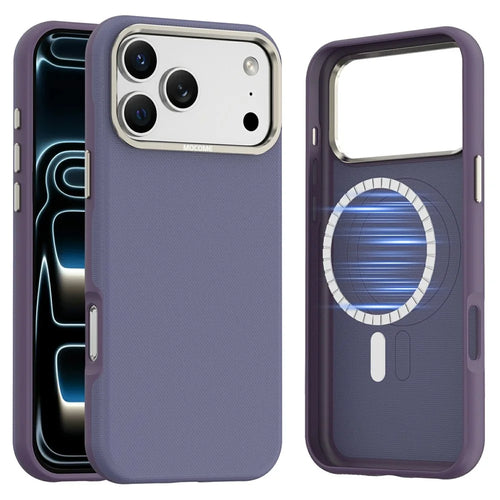 For iPhone 17 Pro Max Case Compatible with MagSafe Fine Grid Texture Leather Coated TPU PC Phone Cover with Metal Lens Frame - Purple - 1