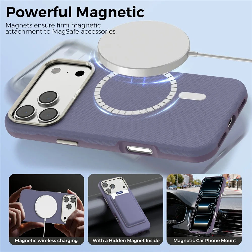 For iPhone 17 Pro Max Case Compatible with MagSafe Fine Grid Texture Leather Coated TPU PC Phone Cover with Metal Lens Frame - Purple - 3