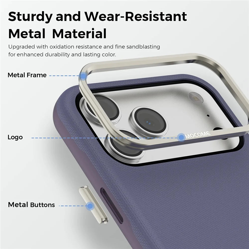 For iPhone 17 Pro Max Case Compatible with MagSafe Fine Grid Texture Leather Coated TPU PC Phone Cover with Metal Lens Frame - Purple - 5