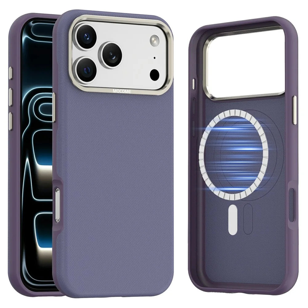 For iPhone 17 Pro Case Compatible with MagSafe Fine Grid Texture Leather Coated TPU PC Phone Cover with Metal Lens Frame - Purple - 1