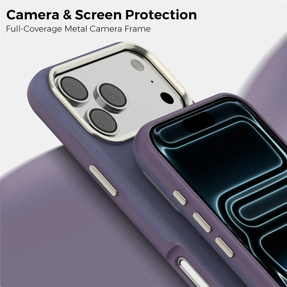 For iPhone 17 Pro Case Compatible with MagSafe Fine Grid Texture Leather Coated TPU PC Phone Cover with Metal Lens Frame - Purple - 6