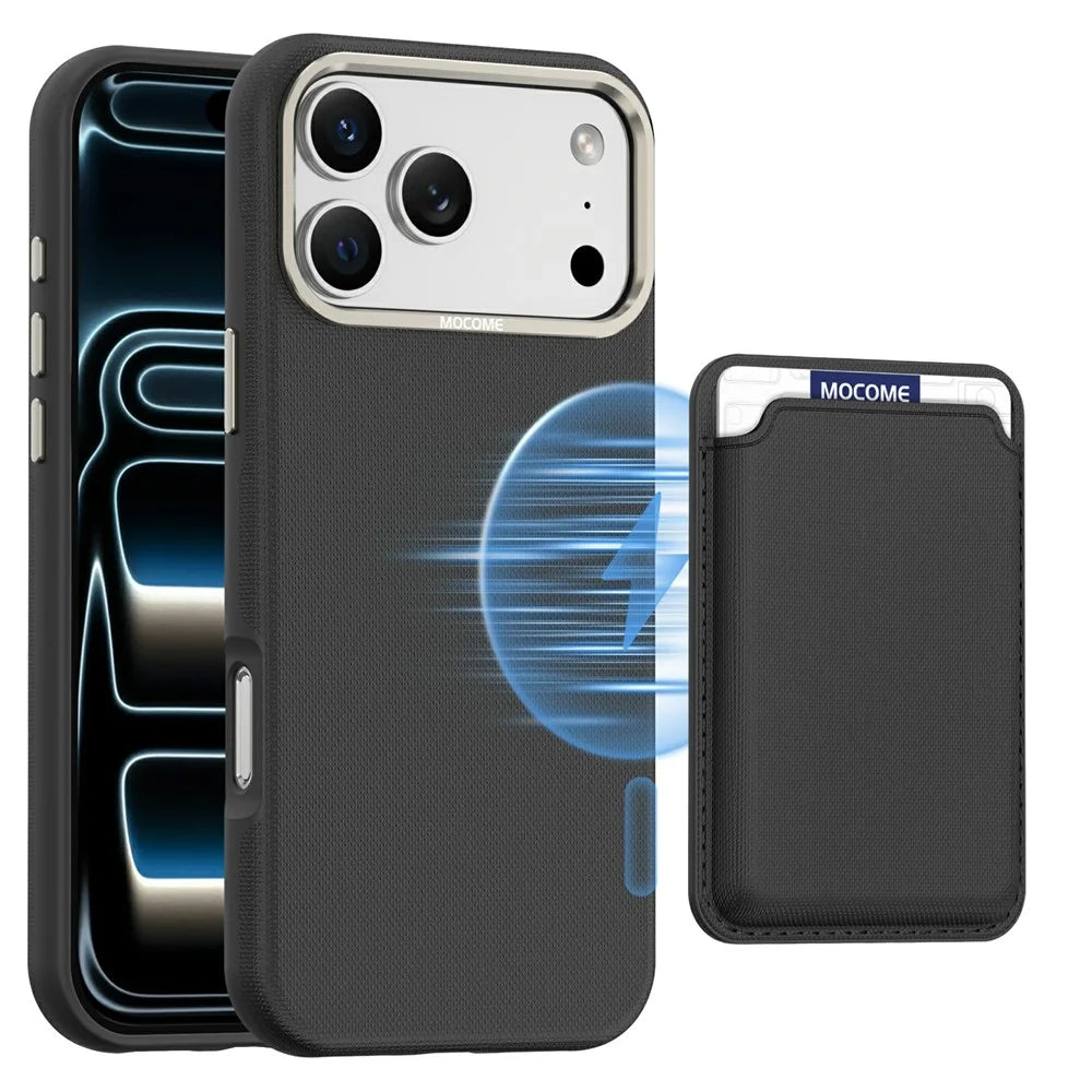 For iPhone 17 Pro Case Compatible with MagSafe Fine Grid Texture Leather Back Phone Cover with Detachable Card Holder - Black - 1