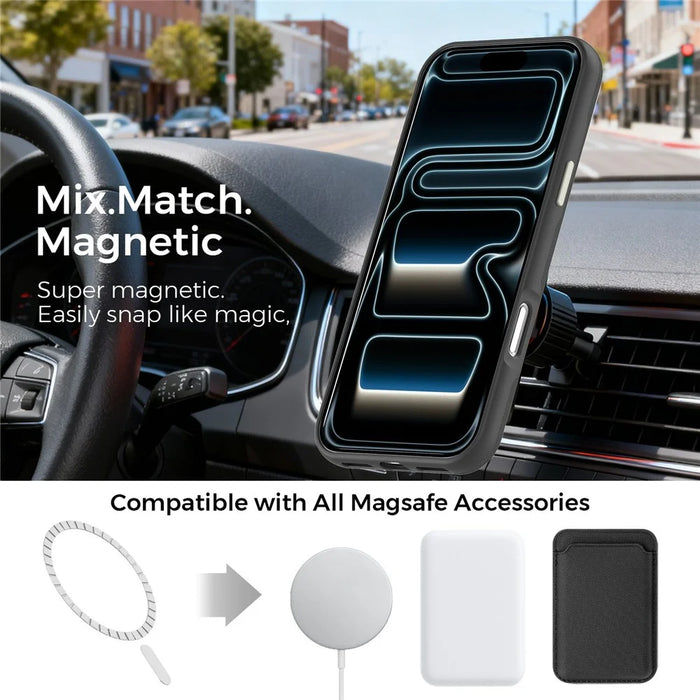 For iPhone 17 Pro Case Compatible with MagSafe Fine Grid Texture Leather Back Phone Cover with Detachable Card Holder - Black - 2