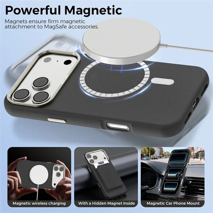 For iPhone 17 Pro Case Compatible with MagSafe Fine Grid Texture Leather Back Phone Cover with Detachable Card Holder - Black - 3
