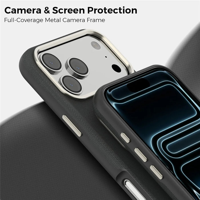 For iPhone 17 Pro Case Compatible with MagSafe Fine Grid Texture Leather Back Phone Cover with Detachable Card Holder - Black - 6