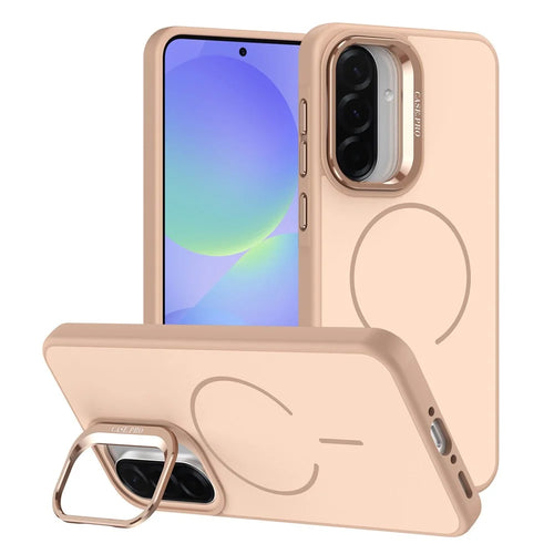 For Samsung Galaxy A37 5G Case Skin-touch PC + TPU Magnetic Phone Cover with Lens Frame Kickstand - Desert Gold - 1