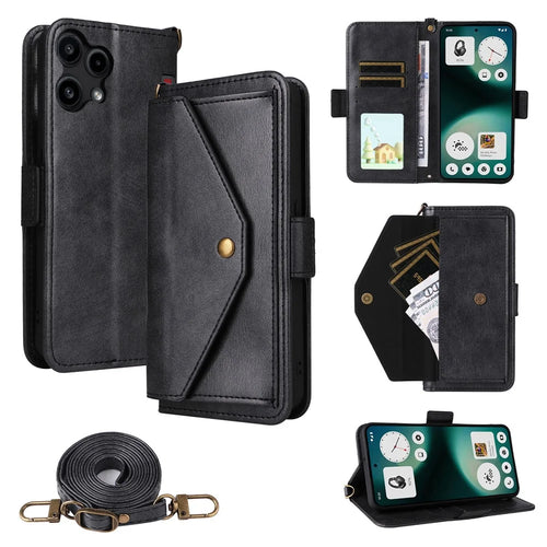 For Nothing Phone (3a) Lite 5G Leather Case Magnetic Closure Wallet Stand Phone Cover with Crossbody Strap - Black - 1