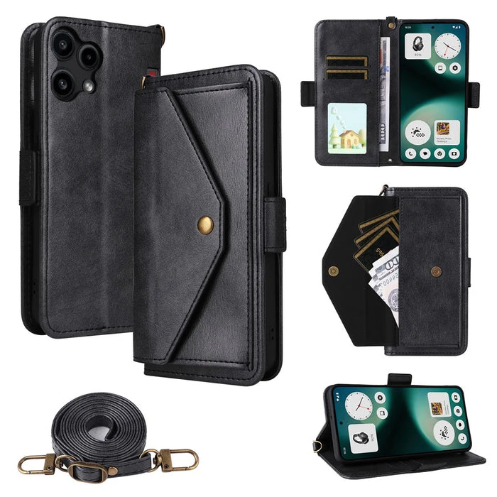 For Nothing Phone (3a) Lite 5G Leather Case Magnetic Closure Wallet Stand Phone Cover with Crossbody Strap - Black - 1