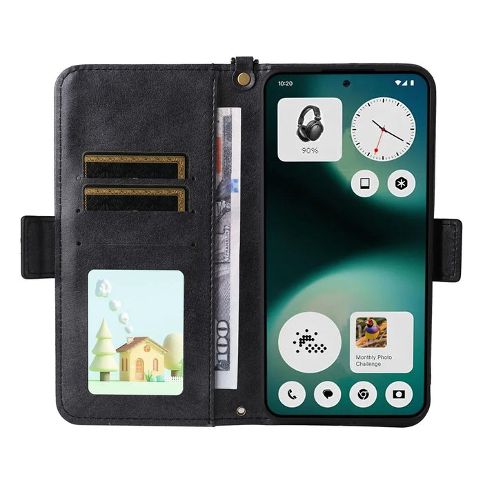 For Nothing Phone (3a) Lite 5G Leather Case Magnetic Closure Wallet Stand Phone Cover with Crossbody Strap - Black - 2