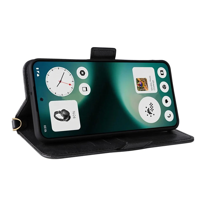 For Nothing Phone (3a) Lite 5G Leather Case Magnetic Closure Wallet Stand Phone Cover with Crossbody Strap - Black - 3