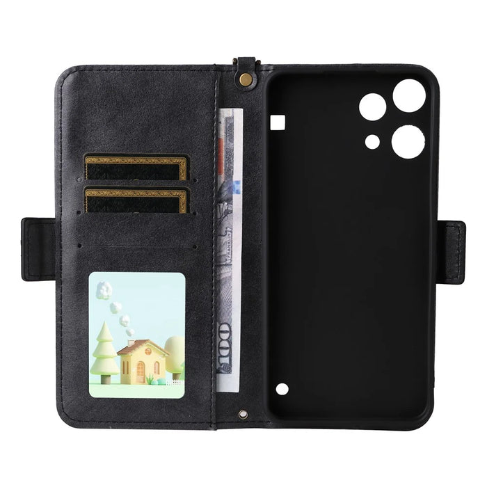 For Nothing Phone (3a) Lite 5G Leather Case Magnetic Closure Wallet Stand Phone Cover with Crossbody Strap - Black - 6
