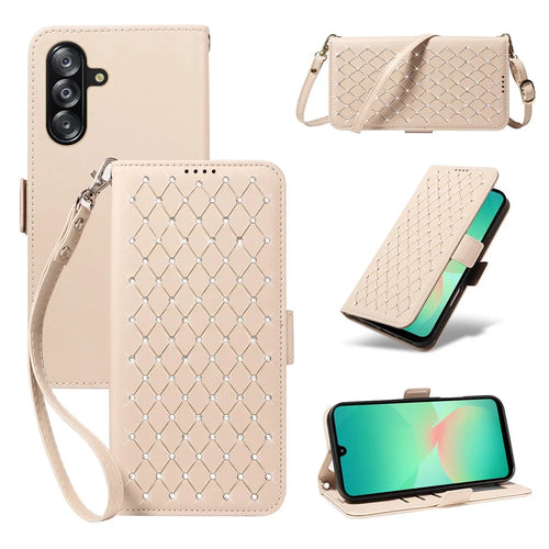 For Samsung Galaxy A18 5G / A17 5G / A17 4G / A26 5G / A16 5G / A16 4G Leather Case Rhinestone Decor Rhombus Pattern Wallet Stand Flip Phone Cover with Straps - Apricot - 1